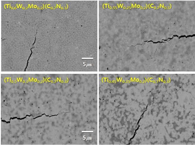 3원계 (Ti,W,Mo)(CN)-Ni 소결체의 미세 구조 및 indentation crack; Mo=0.2