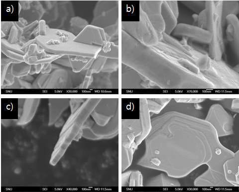 WC 환원 분말 표면 고배율 SEM, a-c) 1300도 2시간 환원, d) 1500도 2시간 환원