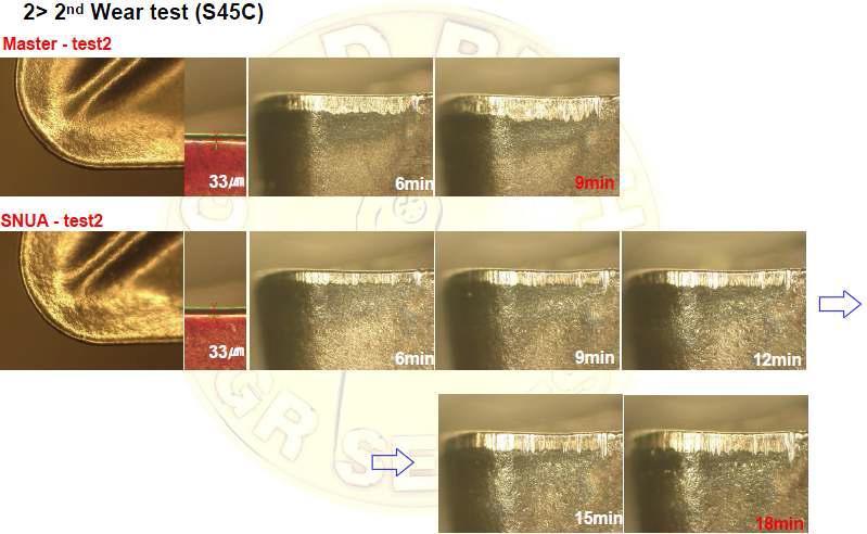 photos of commercial and partial solid solution cermet inserts after second wear test (S45C).