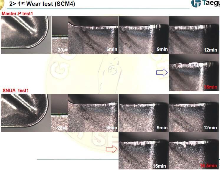 photos of commercial and partial solid solution cermet inserts after first wear test (SCM4).