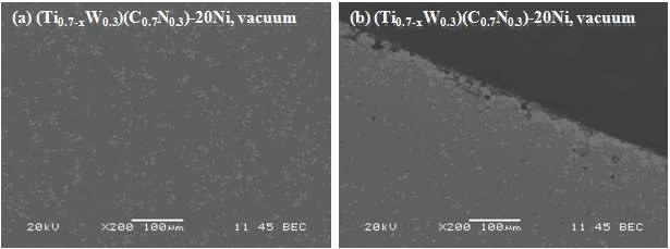 SEM-BSE images of in-situ sintered (Ti0.7W0.3)(C0.7N0.3)-20Ni cermets, (a) center of cermets, (b) edge of cermets (x200, SNG type)