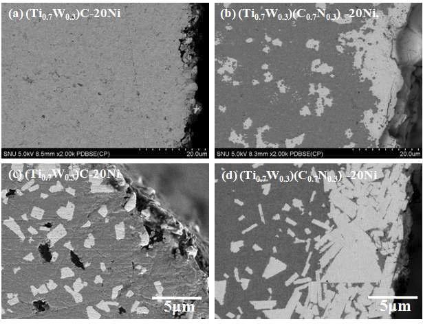 SEM-BSE images of in-situ sintered cermets: a, b in vacuum and c, d in 40torr N2. (SNG type, edge)