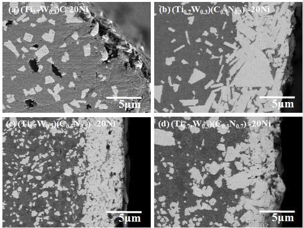 SEM-BSE images of in-situ (Ti0.7W0.3)(C1-xNx)-10Ni/10Co cermets in 40torr N2. (SNG type, edge)