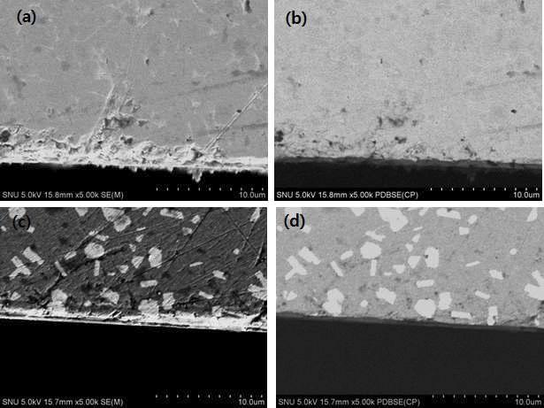 FE-SEM images of (Ti0.7W0.3)(C0.7N0.3)-20Ni system’s coating interface. (a) SE (Ti0.7W0.3)(CN0.3)-20Ni (vacuum), (b) BSE (Ti0.7W0.3)(C0.7N0.3)-20Ni (vacuum), (c) SE (Ti0.7W0.3)(C0.7N0.3)-20Ni (40N2), (d) BSE (Ti0.7W0.3)(C0.7N0.3)-20Ni (40 N2)