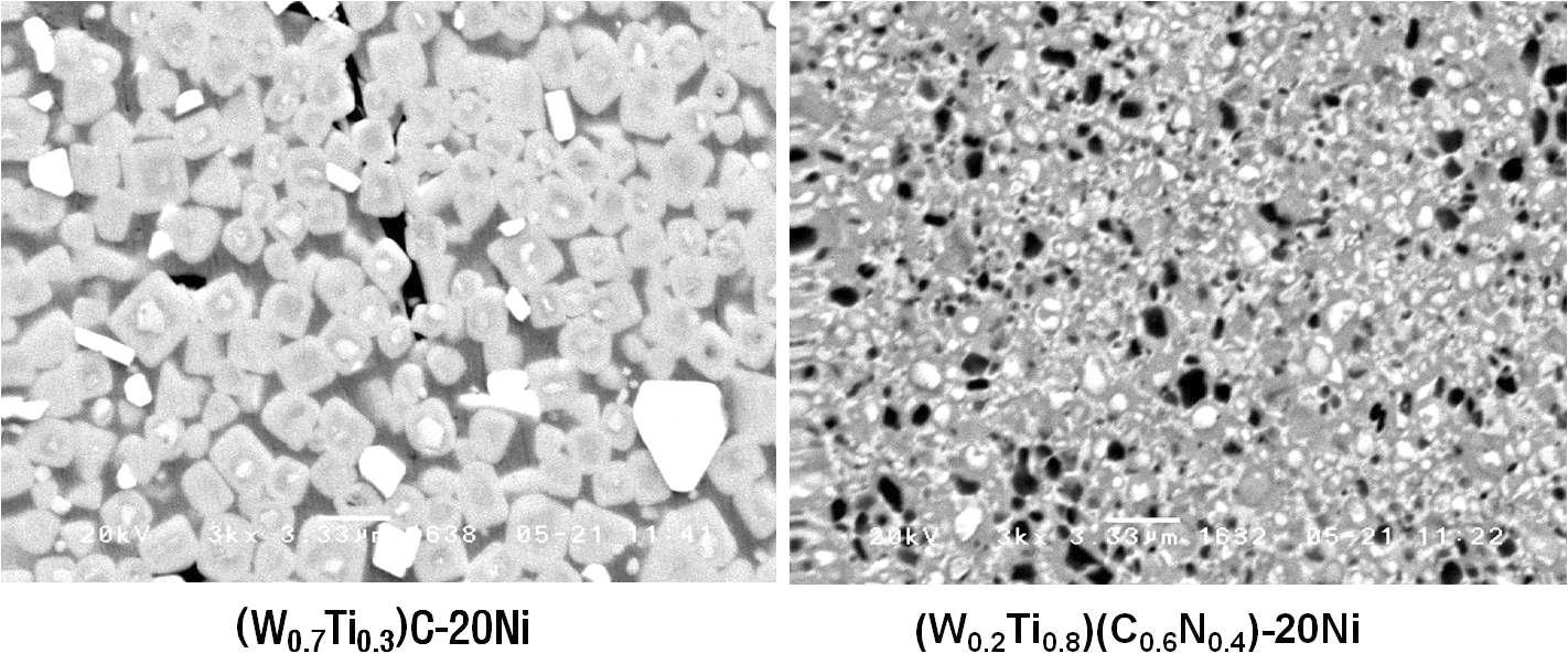 1700~2000°C에서 확산 반응을 통해 제조된 상용 Treibach 고용체 분말의 소결체: 완전 고용상이 아닌 희고 검은 WC, Ti(CN) 상이 미세구조 내에 존재함