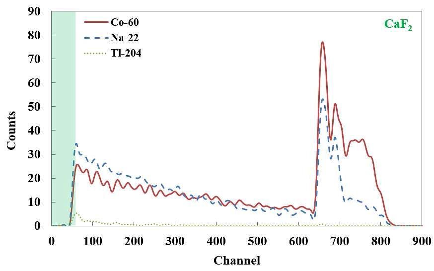 베타/감마 이중 검출기의 채널 1인 CaF2(Eu) 섬광체로 측정한 에너지 스펙트럼의 비교