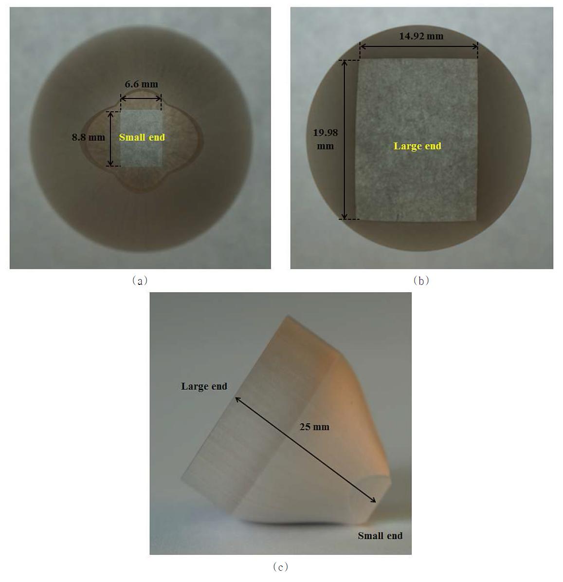 광섬유 테이퍼의 구조 (a) small end, (b) large end, (c) 옆모습