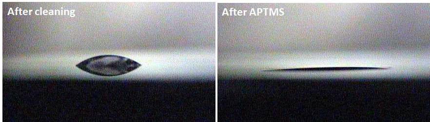 세척된 실리콘 웨이퍼와 APTMS 처리 된 실리콘 웨이퍼에서의 물 접촉각