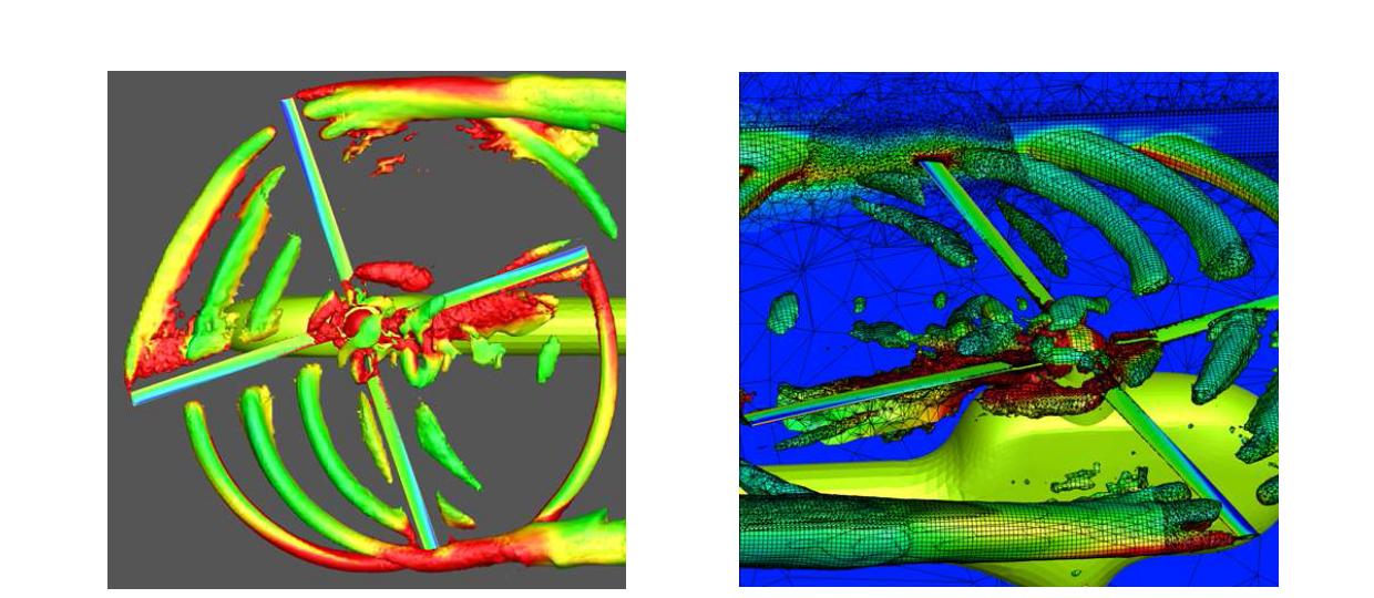 방위각 0도에서의 로터 와류 구조 (λ2 iso-surface colored with vorticity magnitude)