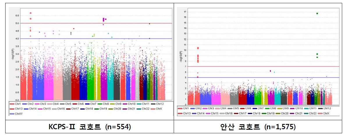 KCPS-Ⅱ 코호트와 안산 코호트 PSA GWAS 결과를 이용한 Manhattan Plots