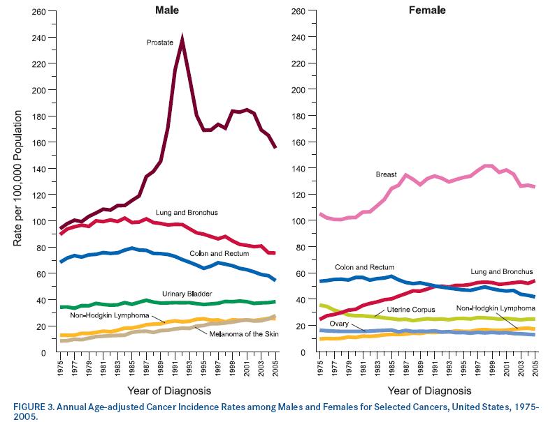 미국의 남녀 암종별 발생률 연간 추세