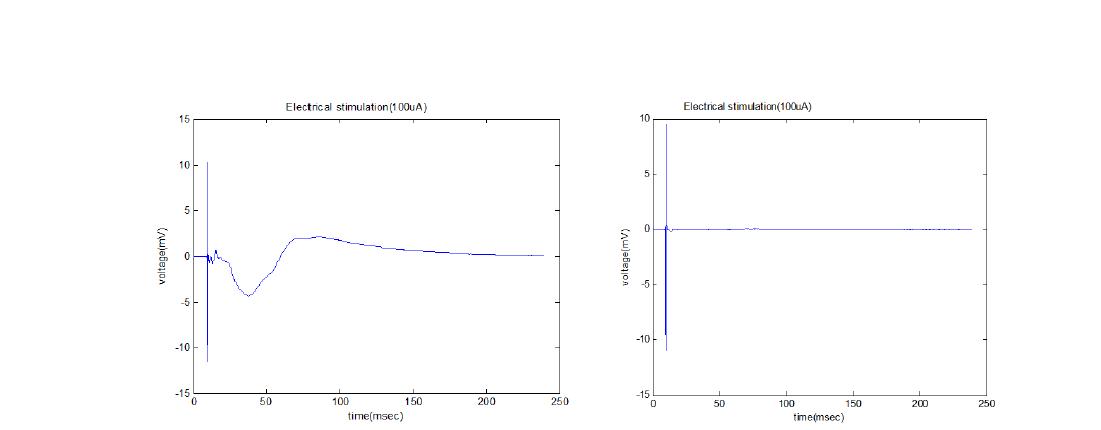 100 uA 전류자극에 대해 (좌)전기적으로 측정된 신경신호, (우) 리도카인 처리 후 신경신호가 사라진 모습
