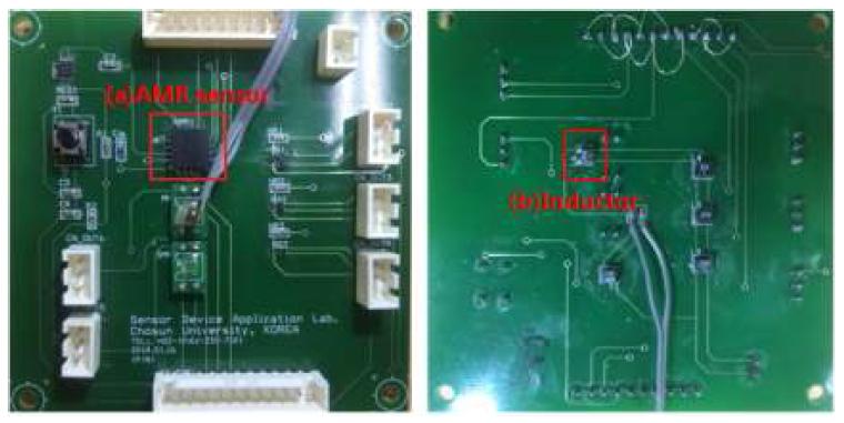 AMR센서 내방사선 실험을 위한 PCB; (a) AMR센서, (b) 자기장 인가용 소형 인덕터