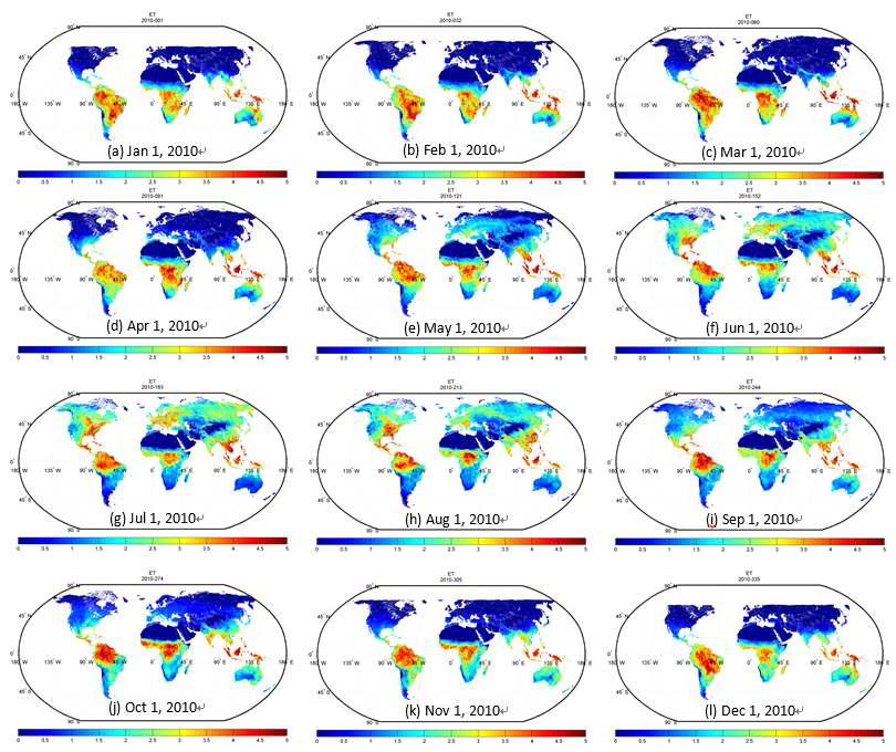 전 지구 8일 평균으로 한 증발산 지도[evapotranspiration (ET)]