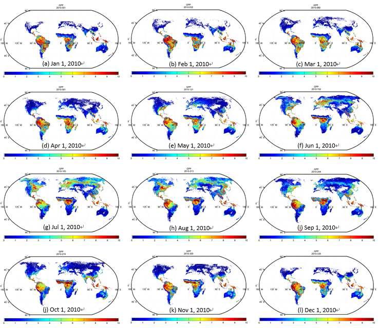전 지구 8일 평균으로 한 광합성 지도[gross primary productivity (GPP)]
