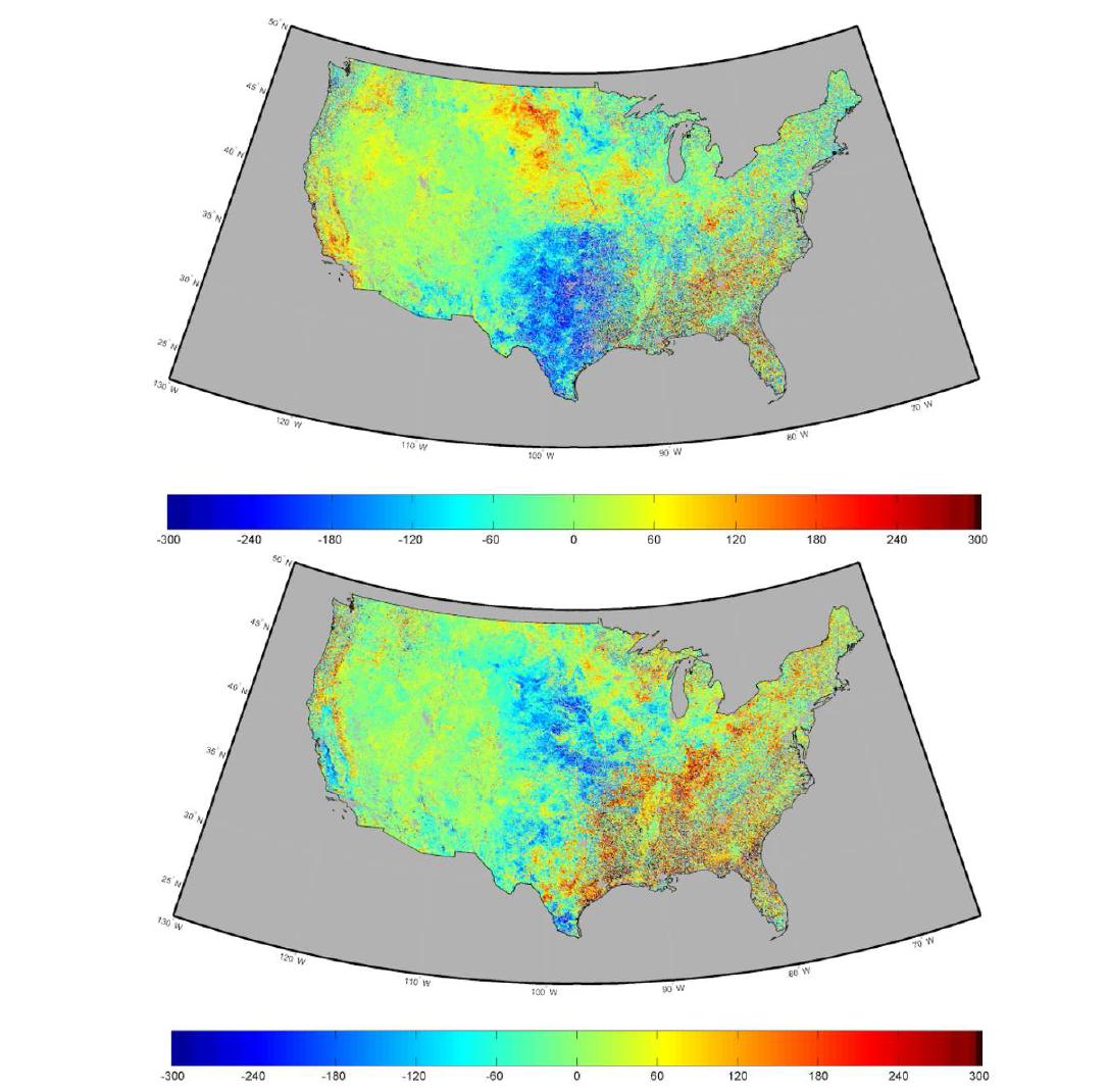 미국 대륙 광합성의 anomaly 지도 (위) 2011년 (아래) 2012년