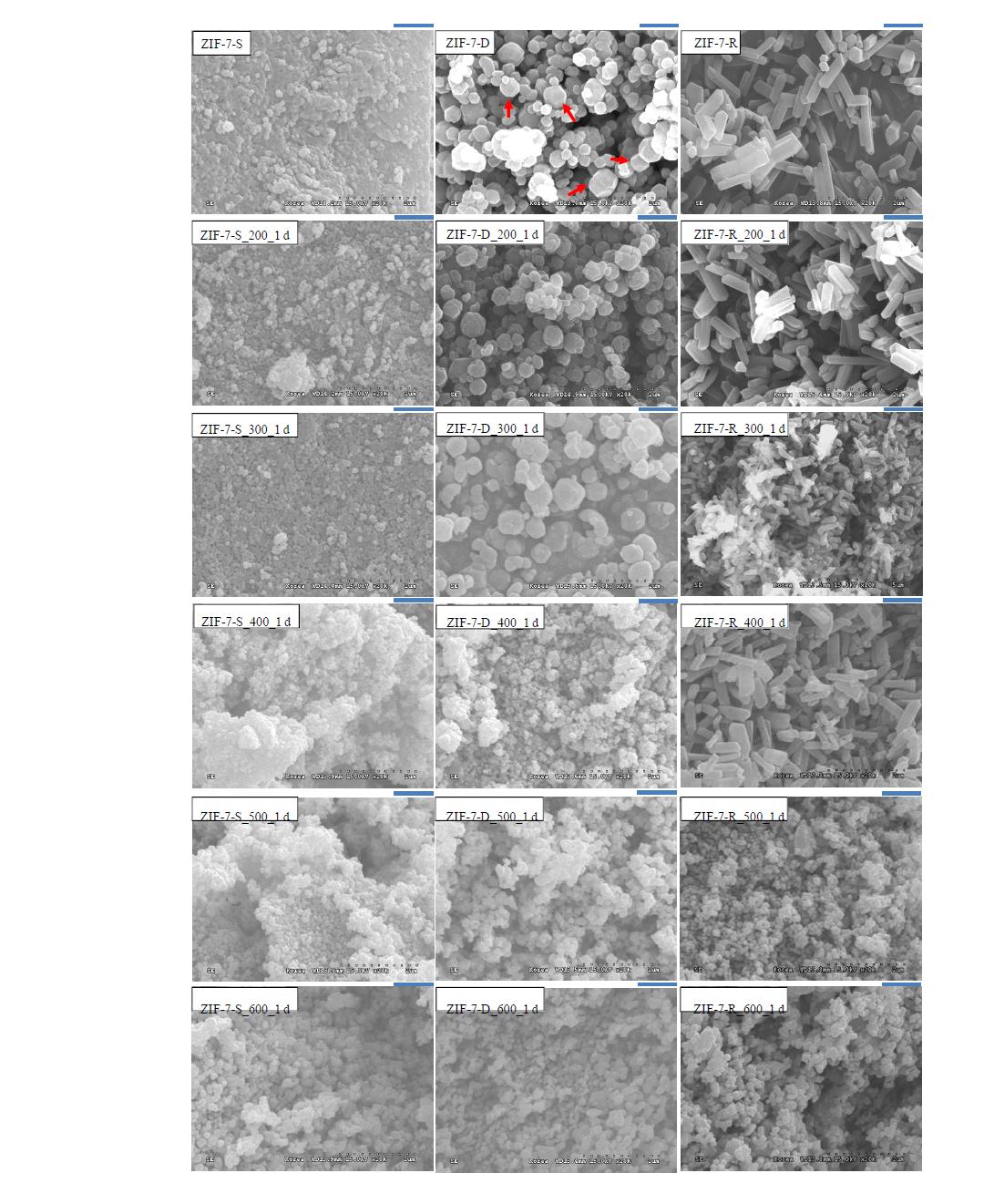 ZIF-7-x (x = S, D, R)와 공기 속 다른 온도에서 하루 동안 열처리한 ZIF-7-x의 SEM 이미지 (ZIF-7-x_y_1d; x = S, D, R 이고 y = 200, 300, 400, 500, 600)이다. 각 종류별 ZIF-7-S, -D, -R는 그림 속 좌, 중, 우이다. 그리고 스케일 바는 1 μm이다. ZIF-7-R 중 일부는 빨간색 화살표로 표시했다