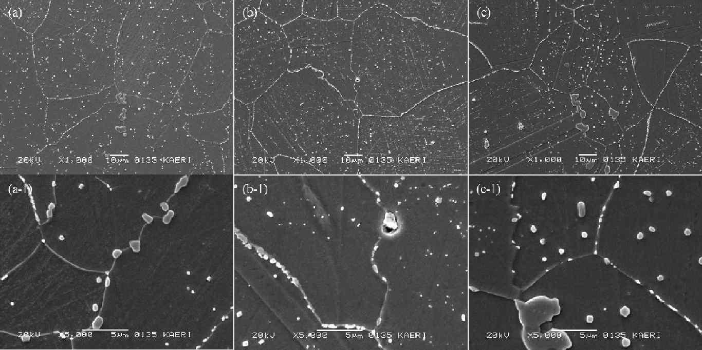 Microstructures of Ni-base Alloys heat treatment for 1 hr at 1110oC. (a) 4th Alloy, (b) 5th Alloy, and (c) 6th Alloy.