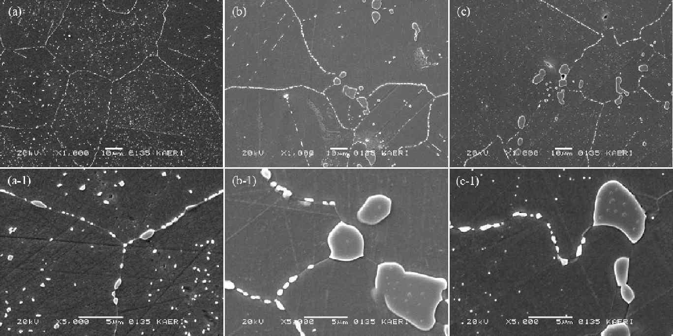 Microstructures of Ni-base Alloys heat treatment for 1 hr at 1110 C. (a) 7th Alloy, (b) 8th Alloy, and (c) 9th Alloy.