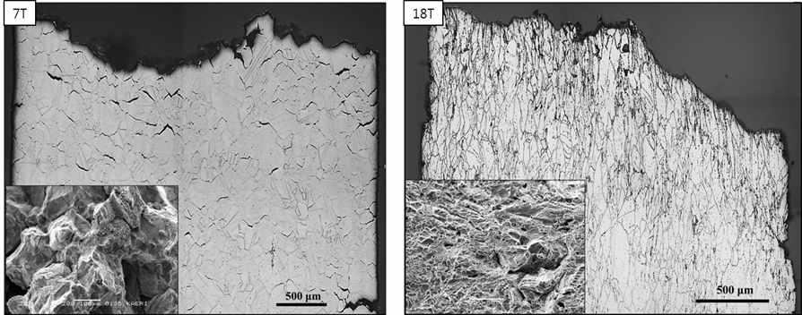 Inspection near the fracture surface after tensile test at 950oC.