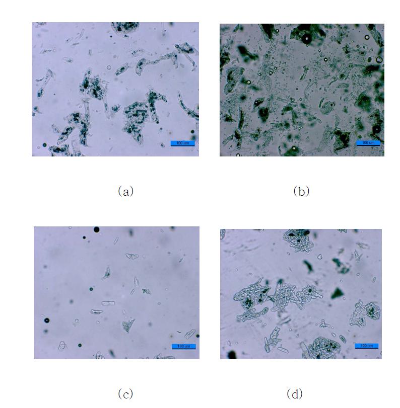 상온에서 혼합한 Avicel의 광학현미경사진(배율: 10) (a) AC (b) BC (c) OC (d) Me