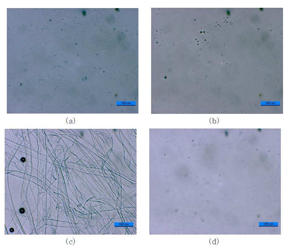 100oC에서 3시간 교반한 BKP의 광학현미경사진(배율: 10) (a) AC (b) BC (c) OC (d) Me