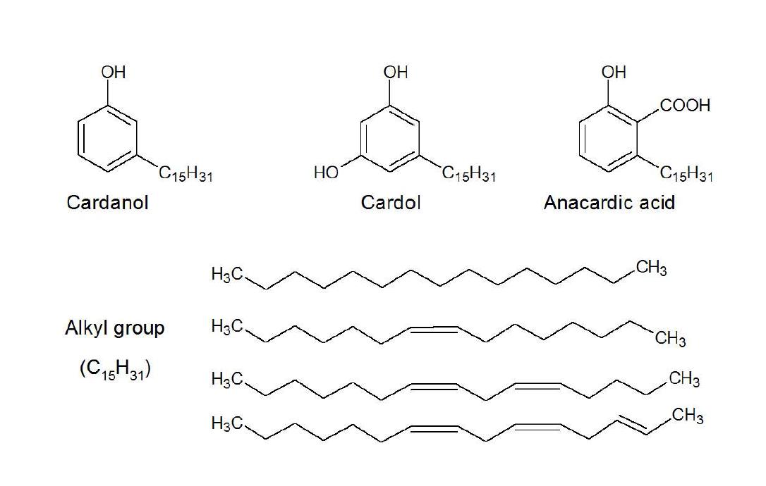 Chemical structures of cardanol, cardol and anacardic acid in CNSL[4].