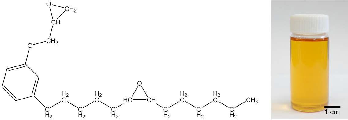 Chemical structure of DEC and a photo of diepoxidized cardanol in a vial.