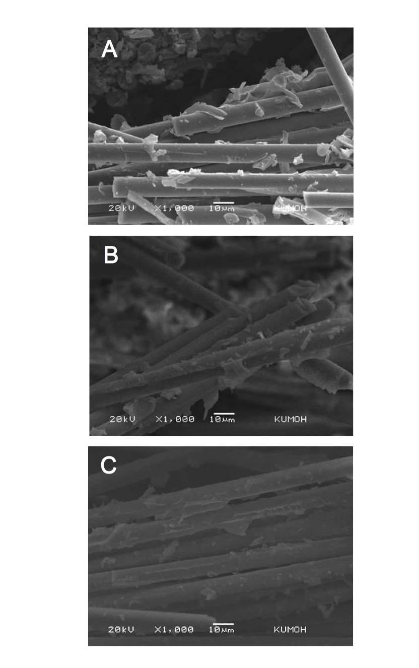 SEM images of fracture surface for DEC/glass fabric composites, fabricated by electron beam curing (A : Sb2 400 kGy, B : Sb2 500 kGy, C : Sb2 600 kGy).