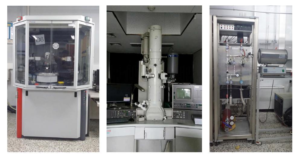 X-선 회절분석기 (D8-Discover, Bruker, 왼쪽), 전자현미경 (JEOL-2010,가운데)과 실험실에서 자체 제작한 고압수소흡수장비 (오른쪽) 사진.