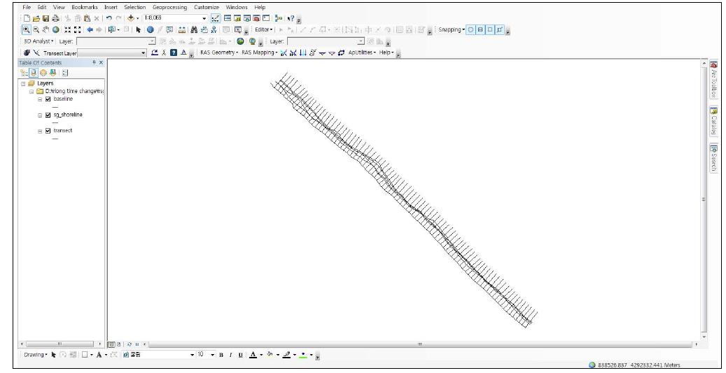 ArcGIS 기반의 DSAS 프로그램에서 baseline과 transect을 설정한 화면