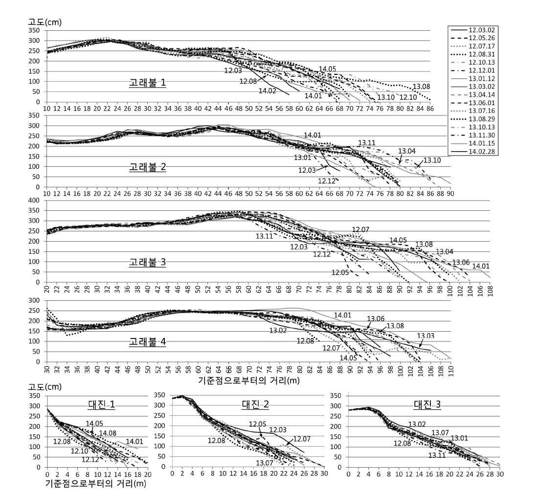 경상북도 지역의 시기 및 구역별 해빈 단면 변화