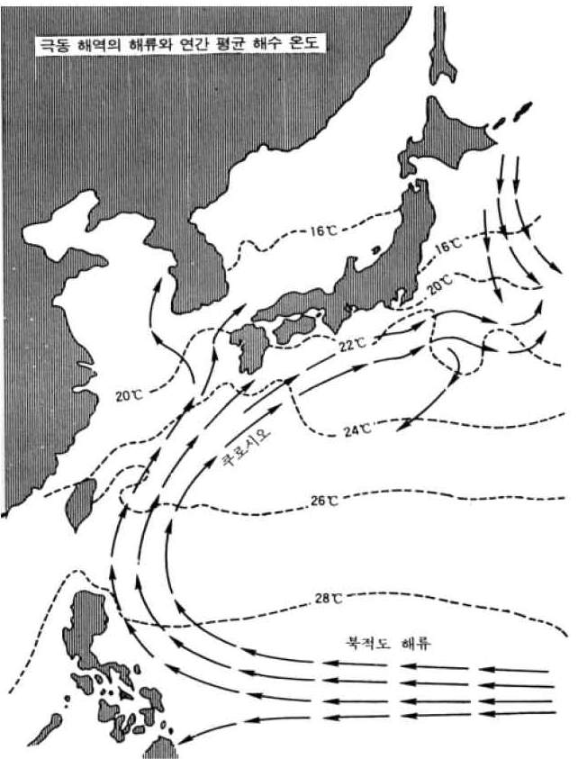 그림 3-3. 동아시아의 해류와 평균 수온