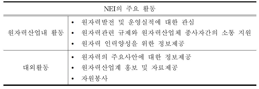 NEI의 주요 활동 내용.