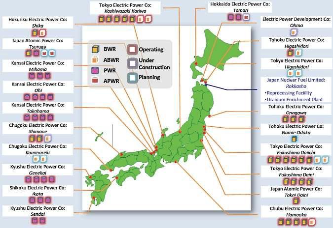 일본 원자력발전소의 지역별 분포도