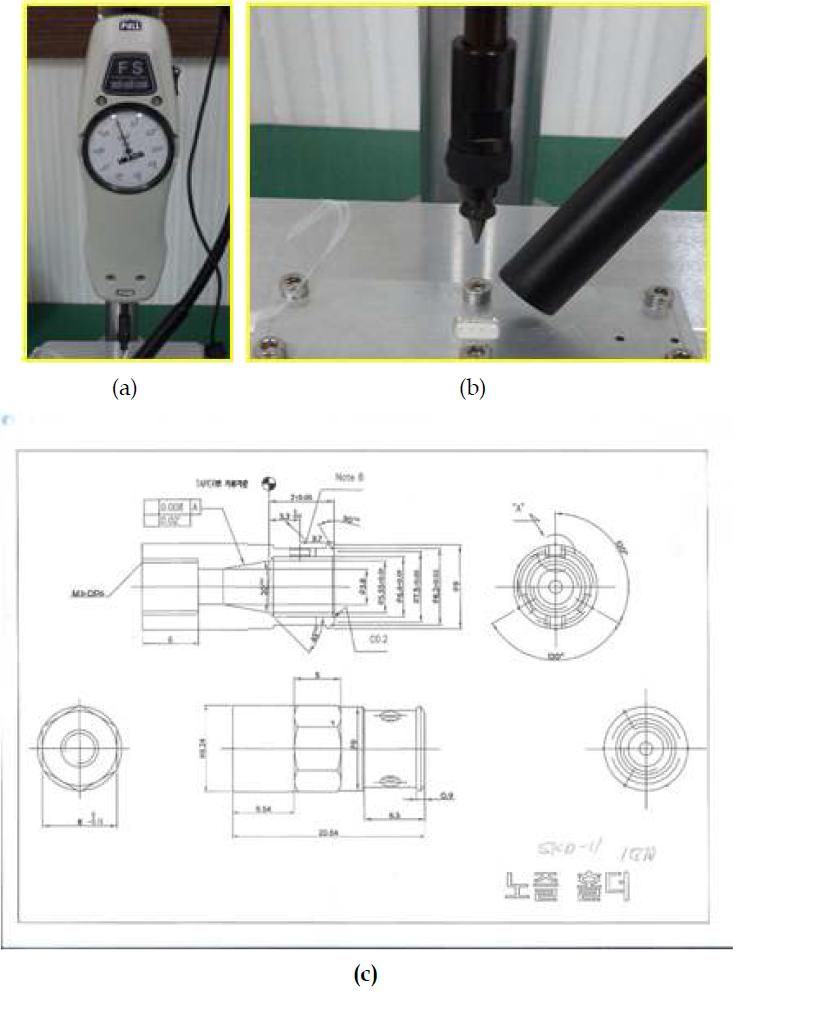 MLCC불량 이송 평가 장치 구성 (a) Push-Pull gauge, (b) Push-Pull gauge 하단부와 MLCC Strip 이송 장치의 결합된 모습 (c) Push-Pull gauge에 Chip Mounter Nozzle을 고정하는 Nozzle Holder 도면