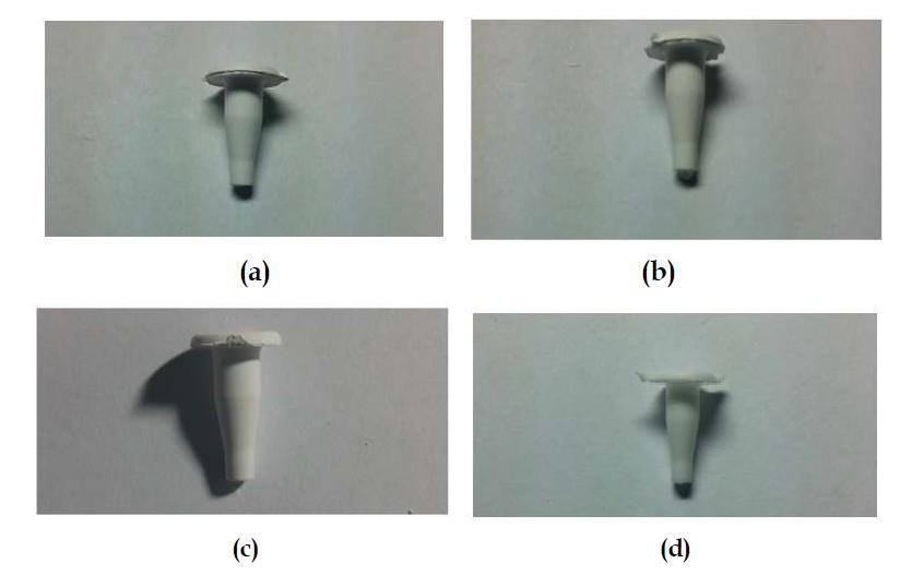 Nozzle 제조 단계별 외형 이미지 (a) 사출, (b) 추출, (c) 탈지 & (d) 소결