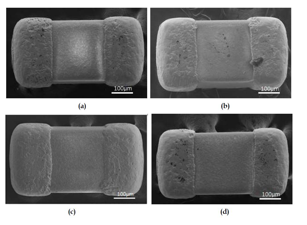 MLCC위로의 Al2O3 나노코팅 유무에 따른 MLCC 표면 사진 모습 (MLCC 이송 불량이 발생한 후 강제로 제거한 후의 결과) (a) 40 nm Al2O3 (400 ALD Cycle) (b) 40 nm ZnO (200 ALD Cycle) (c) ALD 코팅이 되지 않은 상태 (a) 10 nm Al2O3 (100 ALD Cycle)