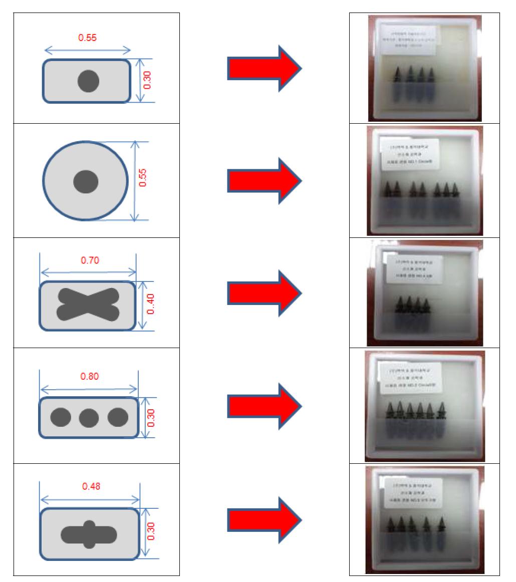 표 14에 예시된 다양한 노즐 형상을 갖춘 ALD-Coated Chip Mounter Nozzle 시제품들