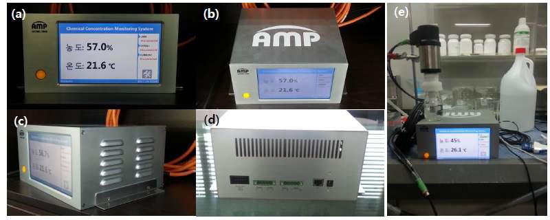 (a) ~ (d) 본 사업을 통하여 개발된 IPA 농도 측정 시스템의 실제 이미지를 (e)는 IPA 농도 측 정 시스템을 가지고 측정을 진행하는 모습