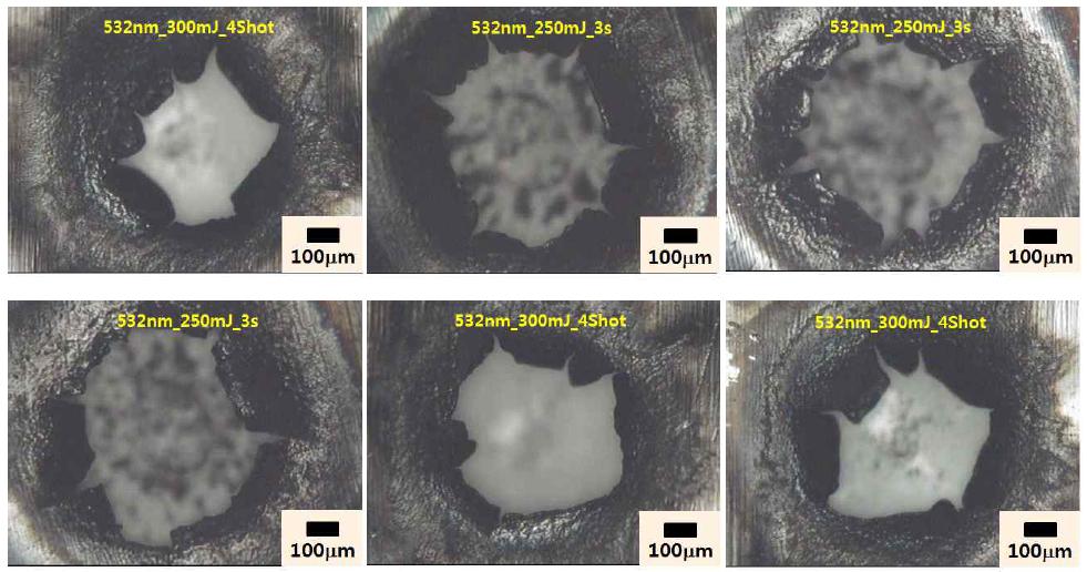 532nm Nd:YAG laser를 이용한 실험의 현미경을 통한 표면현상 관찰