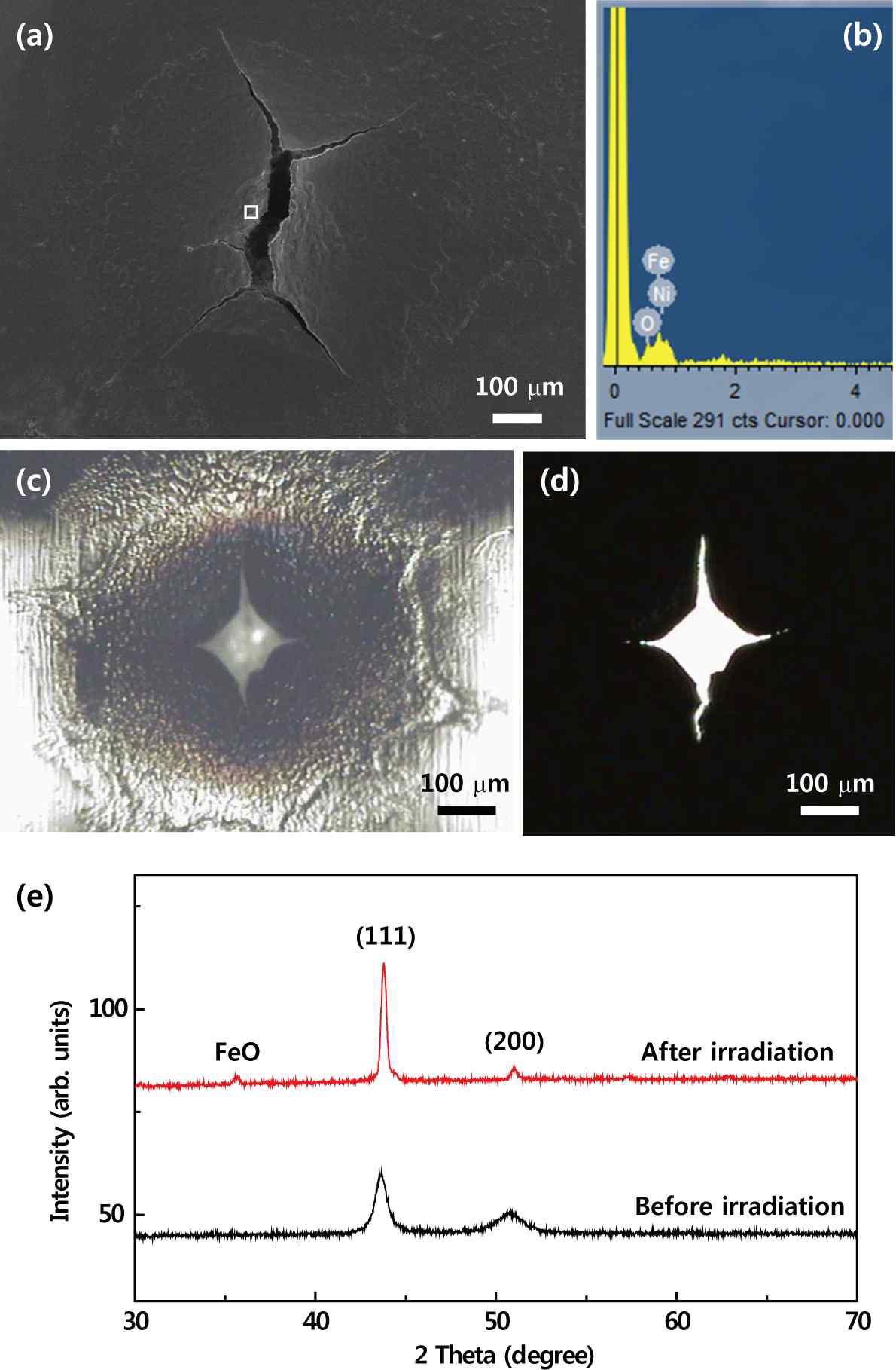 파장 532nm 레이저의 300mJ 2shot으로 조사한 Fe-Ni의 광학현미경(c,d),SEM(a) 사진과 EDS(b), XRD(e) 데이터.