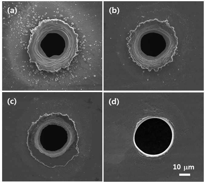 HCl/HNO3 etching 용액에 의한 표면 형상의 변화 (a) Laser driling, (b)10초 etching, (c)20초 etching, (d)30초 etching.