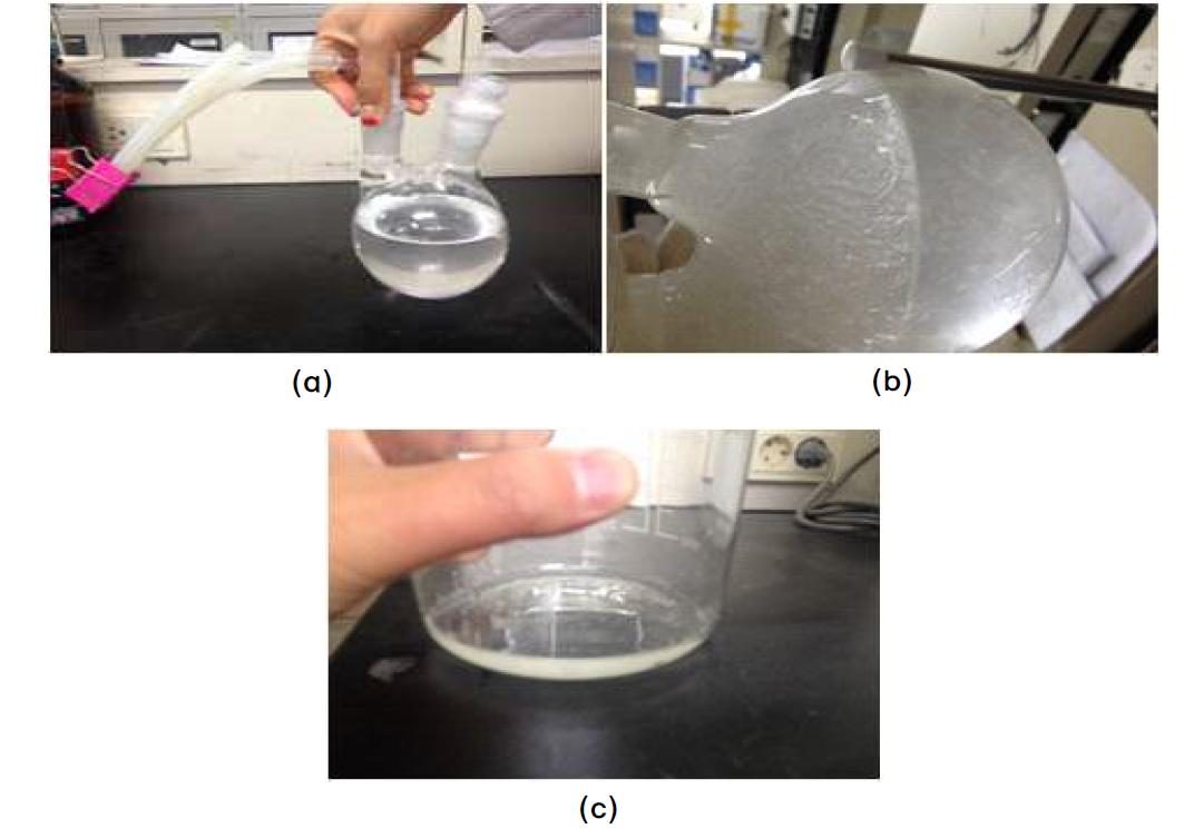 PDO monomer 재결정화 과정 (a : 2구 플라스크에 담겨있는 PDO, b : 저온 chamber 후 PDO, c : 비결정화된 여액 제거)