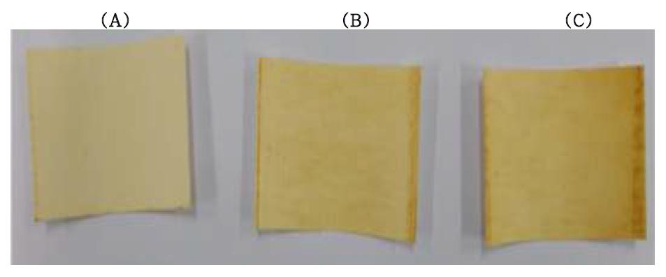 Coating paper with various concentrations of Metasequoia cone extracts after mixing with starch. (A); 1% coating, (B); 3% coating and (C); 5% coating with Metasequoia cone extracts.