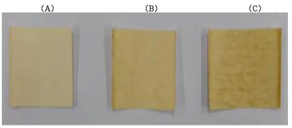 Coating paper with various concentrations of Metasequoia leaf extracts after mixing with starch. (A); 1% coating, (B); 3% coating and (C); 5% coating with Metasequoia leaf extracts.