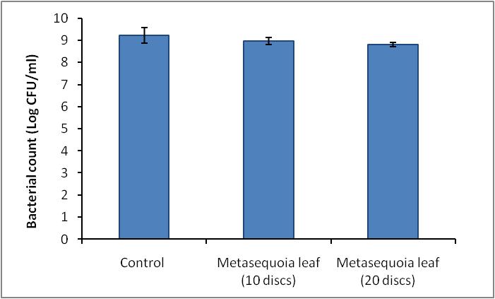 Antimicrobial efficacy of 5% Metasequoia leaf extract coated paper discs (10 and 20 discs in number) against Escherichia coli ATCC 8739. A total of 10 and 20 discs in different set of experiment were kept in the broth inoculated with E. coli and total number of bacteria (log CFU) was counted after 12 hrs of incubation period.