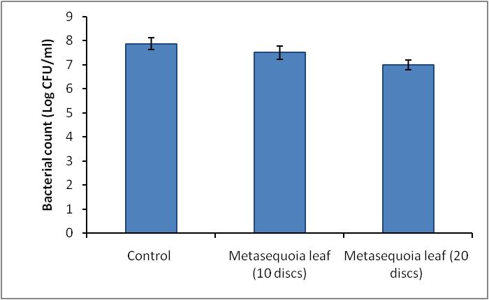 Antimicrobial efficacy of 5% Metasequoia leaf extract coated paper discs (10 and 20 discs in number) against Bacillus subtilis ATCC 6633. A total of 10 and 20 discs in different set of experiment were kept in the broth inoculated with B. subtilis and total number of bacteria (log CFU) was counted after 12 hrs of incubation period.
