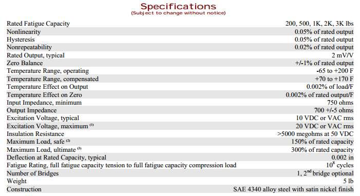 측정용 Load Cell Specifications