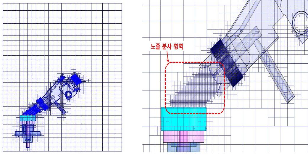 전체 유동장 Mesh 형상 및 노즐 분사영역 Local Initial Mesh